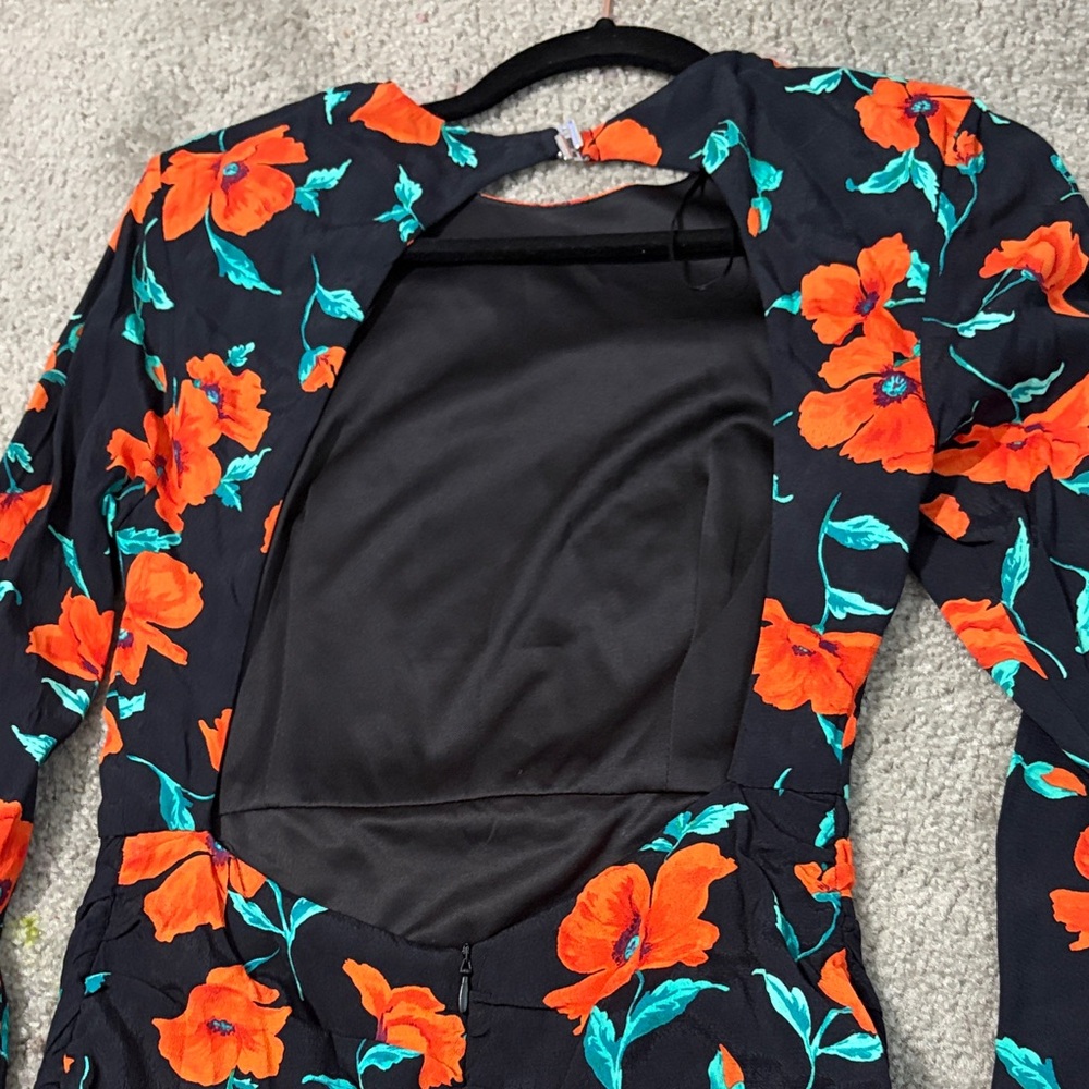 Zara Black and Orange Floral Long Sleeve Open Back Mini Drees